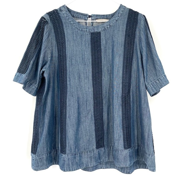 Soft Surroundings Chambray Lapiza In Blue Crochet Short Sleeve Top - Picture 3 of 8